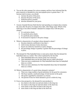 Mcqs Of Elasticity Of Demand And Supply