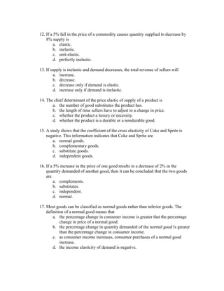 Mcqs Of Elasticity Of Demand And Supply