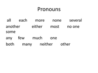 Pronouns
 all  each    more     none    several
another     either    most    no one
some
any few      much     one
both    many    neither    other
 