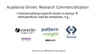 Academia-Driven: Research Commercialization
• Commercializing research results in startup 
tools/products used by companies, e.g.,
Having a startup ! leading to huge adoption
 