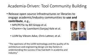 Academia-Driven: Tool Community Building
• Release open source infrastructures or libraries to
engage academic/industry communities to use and
contribute, e.g.,
• MPI/PETSc by Bill Gropp et al.
• Charm++ by Laxmikant (Sanjay) Kale et al.
• LLVM by Vikram Adve, Chris Lattner, et al.
“The openness of the LLVM technology and the quality of its
architecture and engineering design are key factors in
understanding the success it has had both in academia and
industry.”
 