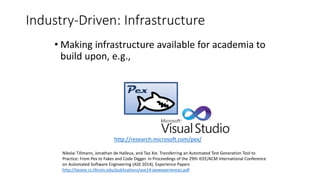Industry-Driven: Infrastructure
• Making infrastructure available for academia to
build upon, e.g.,
Nikolai Tillmann, Jonathan de Halleux, and Tao Xie. Transferring an Automated Test Generation Tool to
Practice: From Pex to Fakes and Code Digger. In Proceedings of the 29th IEEE/ACM International Conference
on Automated Software Engineering (ASE 2014), Experience Papers
http://taoxie.cs.illinois.edu/publications/ase14-pexexperiences.pdf
http://research.microsoft.com/pex/
 