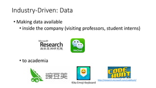 Industry-Driven: Data
• Making data available
• inside the company (visiting professors, student interns)
• to academia
Kika Emoji Keyboard
http://research.microsoft.com/codehunt/
 