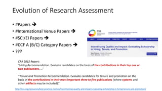 Evolution of Research Assessment
• #Papers 
• #International Venue Papers 
• #SCI/EI Papers 
• #CCF A (B/C) Category Papers 
• ???
CRA 2015 Report:
“Hiring Recommendation. Evaluate candidates on the basis of the contributions in their top one or
two publications, …”
“Tenure and Promotion Recommendation. Evaluate candidates for tenure and promotion on the
basis of the contributions in their most important three to five publications (where systems and
other artifacts may be included).”
http://cra.org/resources/best-practice-memos/incentivizing-quality-and-impact-evaluating-scholarship-in-hiring-tenure-and-promotion/
 