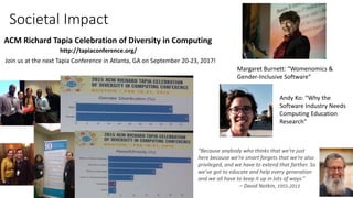 Societal Impact
ACM Richard Tapia Celebration of Diversity in Computing
Join us at the next Tapia Conference in Atlanta, GA on September 20-23, 2017!
http://tapiaconference.org/
Margaret Burnett: “Womenomics &
Gender-Inclusive Software”
“Because anybody who thinks that we’re just
here because we’re smart forgets that we’re also
privileged, and we have to extend that farther. So
we’ve got to educate and help every generation
and we all have to keep it up in lots of ways.”
– David Notkin, 1955-2013
Andy Ko: “Why the
Software Industry Needs
Computing Education
Research”
 