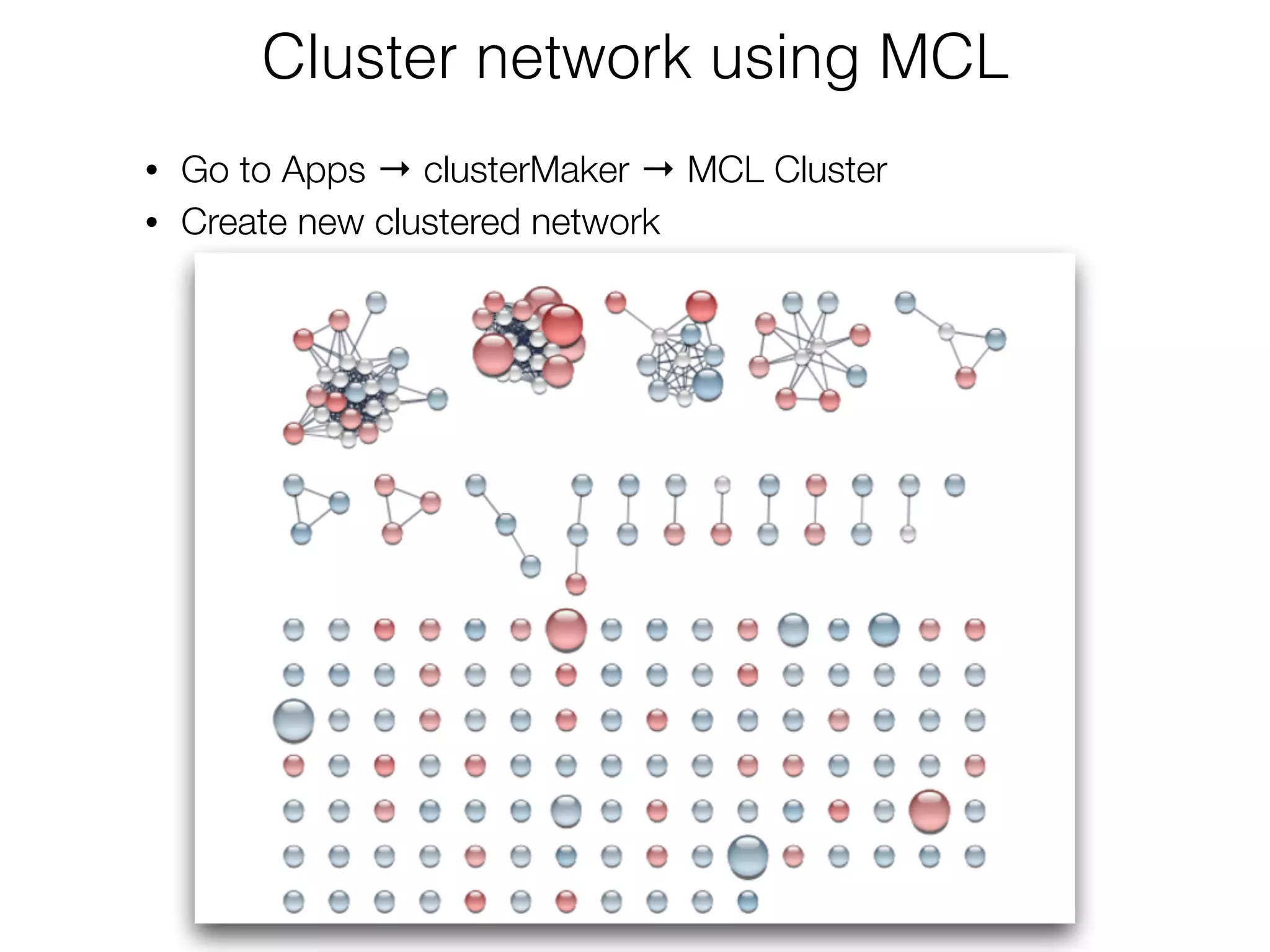 Cluster network using MCL
• Go to Apps → clusterMaker → MCL Cluster
• Create new clustered network
 