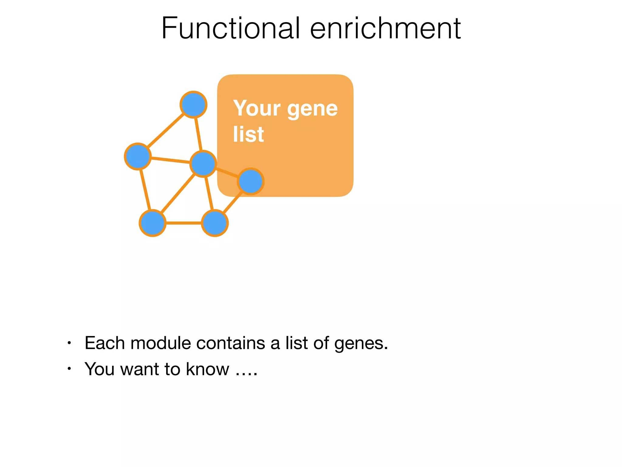 Functional enrichment
Your gene 
list
• Each module contains a list of genes.

• You want to know ….
 