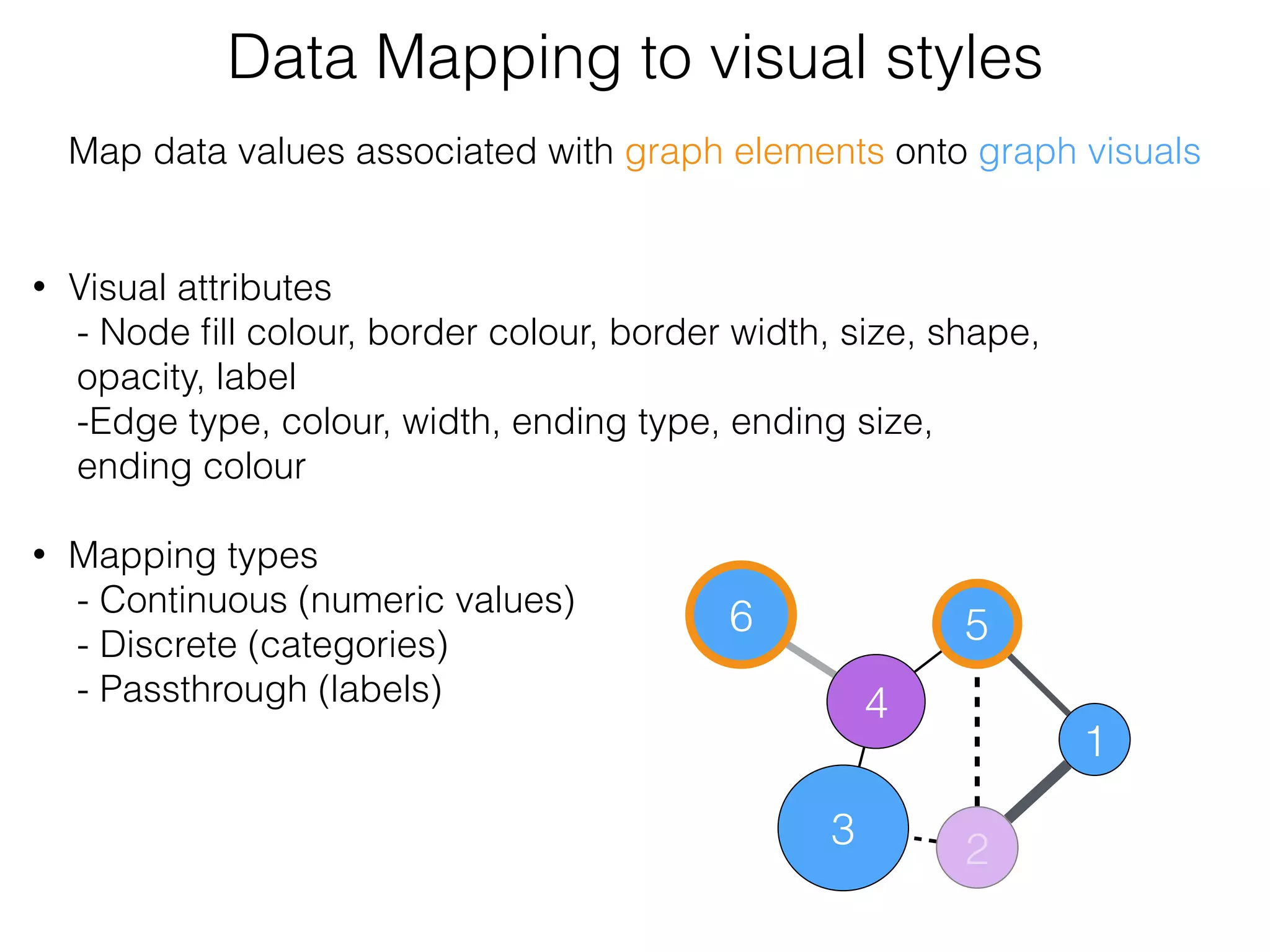 • Visual attributes
- Node ﬁll colour, border colour, border width, size, shape,
opacity, label
-Edge type, colour, width, ending type, ending size,
ending colour 
• Mapping types
- Continuous (numeric values)
- Discrete (categories)
- Passthrough (labels)
Data Mapping to visual styles
6
3
4
5
2
1
Map data values associated with graph elements onto graph visuals
 