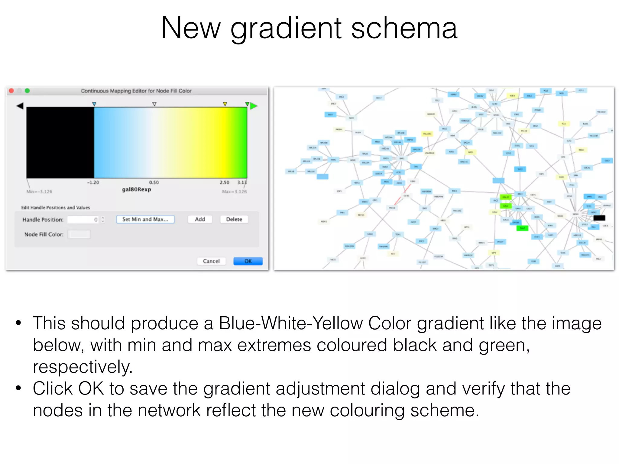 New gradient schema
• This should produce a Blue-White-Yellow Color gradient like the image
below, with min and max extremes coloured black and green,
respectively.
• Click OK to save the gradient adjustment dialog and verify that the
nodes in the network reﬂect the new colouring scheme.
 