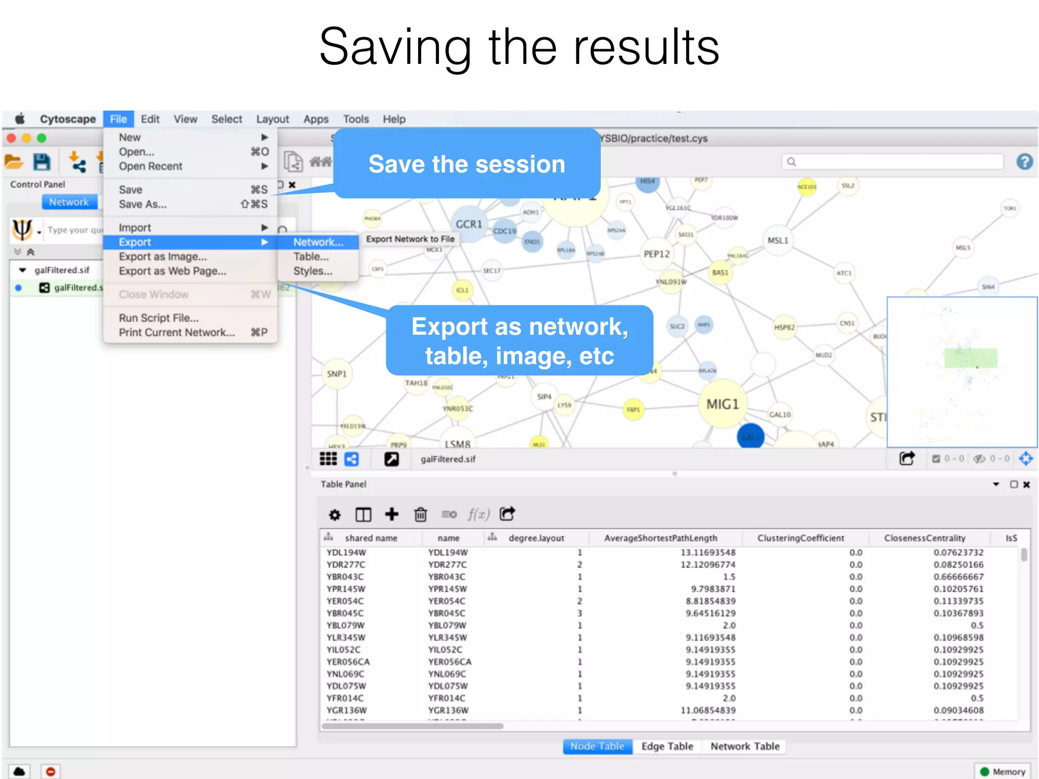 Saving the results
Save the session
Export as network, 
table, image, etc
 