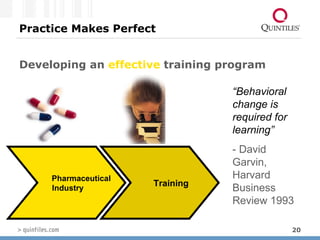 Practice Makes Perfect Developing an  effective  training program Pharmaceutical Industry Training “ Behavioral change is required for learning”   - David Garvin, Harvard Business Review 1993 
