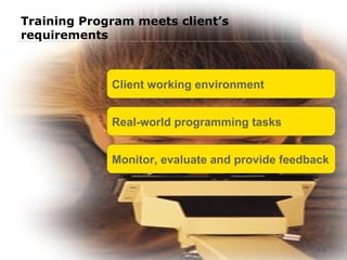 Training Program meets client’s requirements Client working environment Real-world programming tasks Monitor, evaluate and provide feedback 