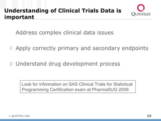 Understanding of Clinical Trials Data is important  Address complex clinical data issues Apply correctly primary and secondary endpoints Understand drug development process Look for information on SAS Clinical Trials for Statistical Programming Certification exam at PharmaSUG 2009 