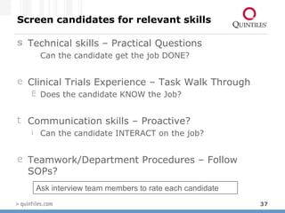 Screen candidates for relevant skills  Technical skills – Practical Questions  Can the candidate get the job DONE? Clinical Trials Experience – Task Walk Through Does the candidate KNOW the Job? Communication skills – Proactive?  Can the candidate INTERACT on the job? Teamwork/Department Procedures – Follow SOPs? Ask interview team members to rate each candidate 