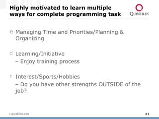 Highly motivated to learn multiple ways for complete programming task Managing Time and Priorities/Planning & Organizing Learning/Initiative  – Enjoy training process Interest/Sports/Hobbies  – Do you have other strengths OUTSIDE of the job? 
