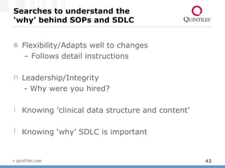 Searches to understand the  ‘why’ behind SOPs and SDLC Flexibility/Adapts well to changes  – Follows detail instructions Leadership/Integrity  - Why were you hired? Knowing ’clinical data structure and content’  Knowing ‘why’ SDLC is important  