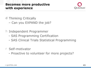 Becomes more productive  with experience Thinking Critically – Can you EXPAND the job? Independent Programmer - SAS Programming Certification - SAS Clinical Trials Statistical Programming Self-motivator - Proactive to volunteer for more projects? 