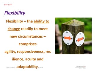 Slide 11 of 15




Flexibility
   Flexibility – the ability to
     change readily to meet
         new circumstances –
                      comprises
agility, responsiveness, res
             ilience, acuity and
                   adaptability.
   Need a copy of PMTdF? Email: betterpractice@webmail.co.za
 