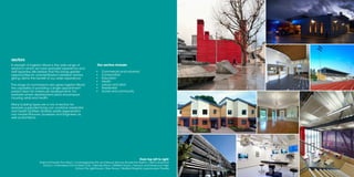 sectors
A strength of Ingleton Wood is the wide range of
sectors in which we have specialist experience and
staff expertise.We believe that this brings greater
opportunities for cross-fertilisation between sectors,
giving clients the benefit of our wider experience.
This range of commissions also gives Ingleton Wood
the capability of providing a single appointment
project team for mixed-use developments. For
example where development plans encompass
housing, retail and health.
Many building types are a mix of sectors, for
example supported living can combine residential
and health facilities. Similarly estate regeneration
can involve Planners, Surveyors and Engineers as
well as Architects.
From top left to right:
National Theatre,The Shed | Cambridgeshire Fire and Rescue Service, Burwell Fire Station | Beths Grammar
School | Chelmsford City Football Club | Mendip Place | Millfield House | Harwich and Dovercourt High
School,The Lighthouse | Yare House | Bedford Hospital, Laparoscopic Theatre
Our sectors include:
▪▪ Commercial and industrial
▪▪ Conservation
▪▪ Education
▪▪ Health
▪▪ Leisure and retail
▪▪ Residential
▪▪ Social and community
 