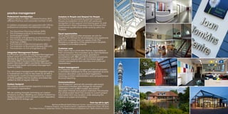 practice management
Professional memberships
Ingleton Wood is a RIBA Chartered Practice, RICS
affiliated Practice, and corporate member of APS.
In addition employees are supported with CPD for
professional chartered memberships including:
▪▪ 	The Royal Town Planning Institute (RTPI)
▪▪ 	The Chartered Institute of Architectural
Technologists (CIAT)
▪▪ 	The Institute of Engineering and Technology (IET)
▪▪ 	The Chartered Institution of Building Services
Engineers (CIBSE)
▪▪ 	The Institution of Electrical Engineers (IEE)
▪▪ 	The Institution of Structural Engineers (IStructE)
▪▪ 	The Institution of Civil of Engineers (ICE)
Integrated Management System
The Practice operates an Integrated Management
System which is accredited to the international
standards for Quality Management System
Standard (9001) Environmental Management
System Standard (14001) and British Standard for
Occupational Health and Safety Management
Systems (18001).
Our risk based management led integrated system
is maintained on a day to day basis by all staff, is
monitored for continual improvement by a team
of UKAS qualified internal auditors and externally
verified by SGS at regular intervals.
Carbon Footprint
Our primary environmental objective is to become a
zero-carbon organisation.
We are working towards minimising our carbon
emissions, but also offsetting our carbon footprint by
designing projects which exceed current regulatory
requirements for energy use.
Investors in People and Respect for People
The Practice has successfully retained Investors in
People accreditation since 2010 with particular
recognition to the support and training given to staff
development. Many employees have achieved their
professional qualifications whilst working within the
Practice.
Equal opportunities
As an equal opportunities employer we aim for
equality and fairness for all employees and applicants,
both from ourselves and our supply chain.The
Practice is a signatory of the government’s Disability
Confident Committed scheme.
Customer care
Every client has a nominated Partner responsible for
their commission.This is backed up by client feedback
surveys and a complaints policy operated in
accordance with RIBA and RICS standard procedures.
Construction industry KPI’s are monitored against
industry standards for best practice and continued
improvement.
Project management
Our bespoke project management software provides
a centralised database for time and expenses records,
resource allocation, sub-consultant registration,
invoicing, contract administration and comprehensive
financial reporting.
Communications
Our ‘Sharepoint’ extranet site provides web-based
password-controlled data storage for all project
information such as BIM models, documents,
discussion threads and project calendars.This ensures
the whole project team has access to current project
information from any location, while reducing the
reliance on paper and printing.
From top left to right:
Brentwood Mental Health Resource Centre | Southend Hospital Fetal Unit
St Helena Hospice, Joan Tomkins Centre | Ingatestone Restaurant, Essex | BT Tower
The Gilberd School | Harpenden Library | St Helena Hospice Outpatient Unit | Beths Grammar School
 