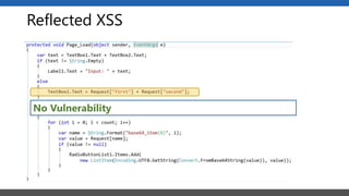 Reflected XSS
No Vulnerability
 