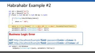 Habrahabr Example #2
Business Logic Error
GET http://localhost/Example?field=password&min=a&max=b
GET http://localhost/Example?field=password&min=aD&max=aE
 