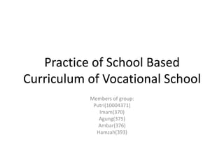 Practice of School Based
Curriculum of Vocational School
Members of group:
Putri(10004371)
Imam(370)
Agung(375)
Ambar(376)
Hamzah(393)
 