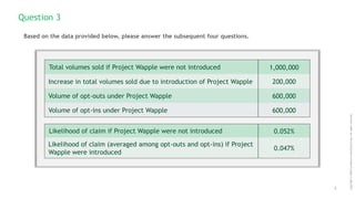 5
Copyright
©
2020
by
Boston
Consulting
Group.
All
rights
reserved.
Question 3
Based on the data provided below, please answer the subsequent four questions.
Total volumes sold if Project Wapple were not introduced 1,000,000
Increase in total volumes sold due to introduction of Project Wapple 200,000
Volume of opt-outs under Project Wapple 600,000
Volume of opt-ins under Project Wapple 600,000
Likelihood of claim if Project Wapple were not introduced 0.052%
Likelihood of claim (averaged among opt-outs and opt-ins) if Project
Wapple were introduced
0.047%
 