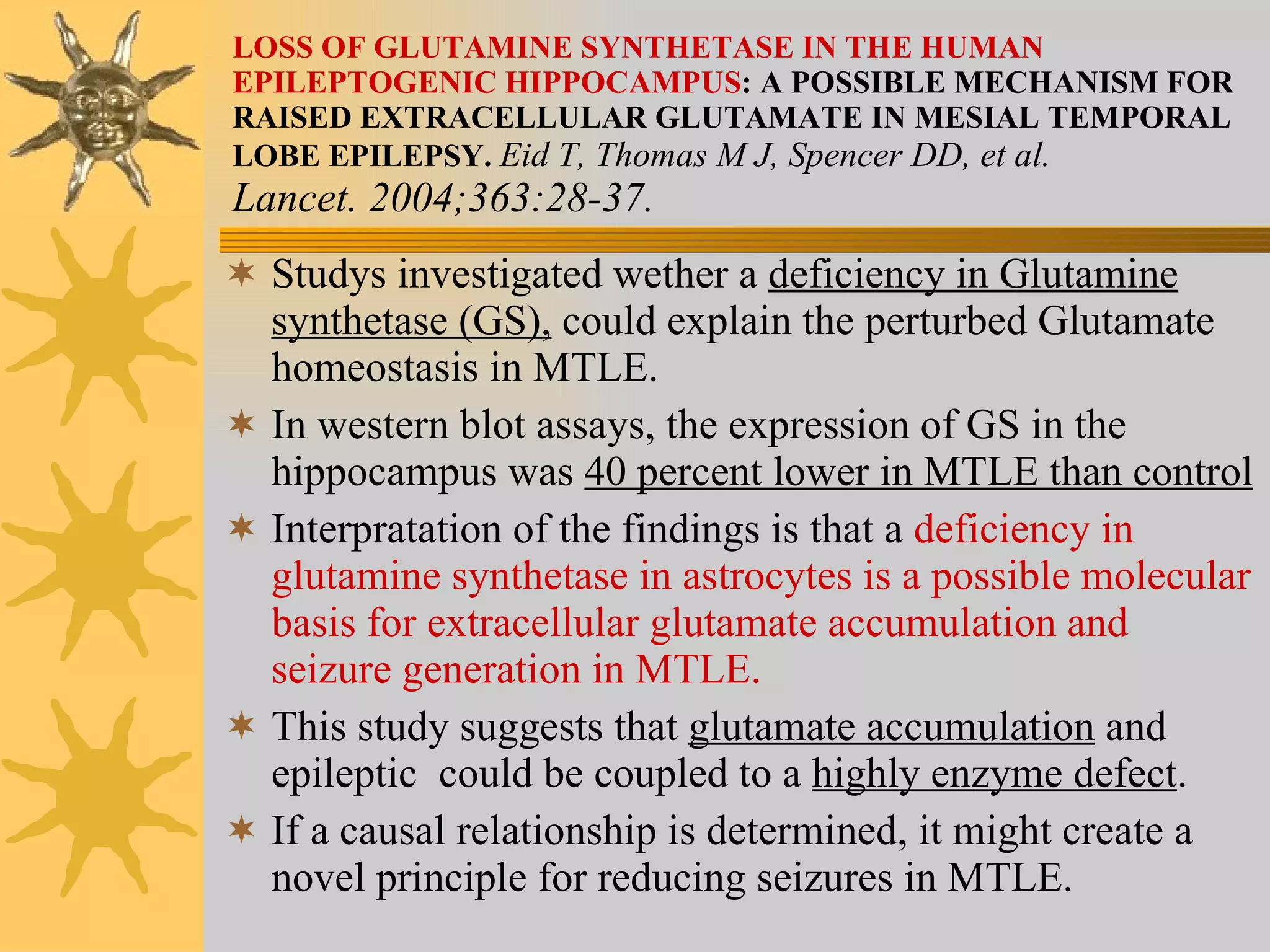 LOSS OF GLUTAMINE SYNTHETASE IN THE HUMAN EPILEPTOGENIC HIPPOCAMPUS : A POSSIBLE MECHANISM FOR RAISED EXTRACELLULAR GLUTAMATE IN MESIAL TEMPORAL LOBE EPILEPSY.  Eid T, Thomas M J, Spencer DD, et al. Lancet. 2004;363:28-37. Studys investigated wether a  deficiency in Glutamine synthetase (GS),  could explain the perturbed Glutamate homeostasis in MTLE. In western blot assays, the expression of GS in the hippocampus was  40 percent lower in MTLE than control Interpratation of the findings is that a  deficiency in glutamine synthetase in astrocytes is a possible molecular basis for extracellular glutamate accumulation and seizure generation in MTLE. This study suggests that  glutamate accumulation  and epileptic  could be coupled to a  highly enzyme defect . If a causal relationship is determined, it might create a novel principle for reducing seizures in MTLE. 