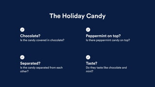 The Holiday Candy
Separated?
Is the candy separated from each
other?
Taste?
Do they taste like chocolate and
mint?
Chocola...