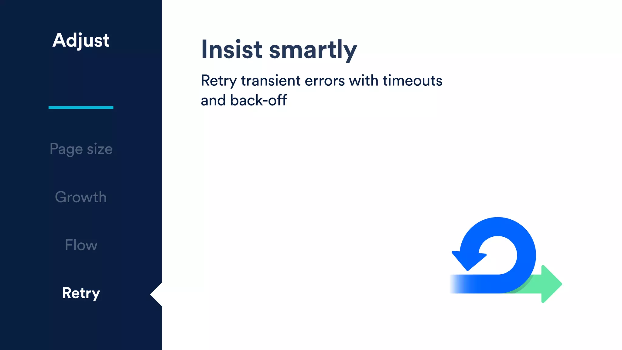 Adjust
Page size
Growth
Flow
Retry
Insist smartly
Retry transient errors with timeouts
and back-off
 