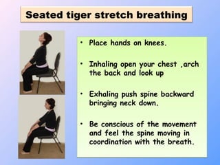 Seated tiger stretch breathing
• Place hands on knees.
• Inhaling open your chest ,arch
the back and look up
• Exhaling push spine backward
bringing neck down.
• Be conscious of the movement
and feel the spine moving in
coordination with the breath.
• Place hands on knees.
• Inhaling open your chest ,arch
the back and look up
• Exhaling push spine backward
bringing neck down.
• Be conscious of the movement
and feel the spine moving in
coordination with the breath.
 