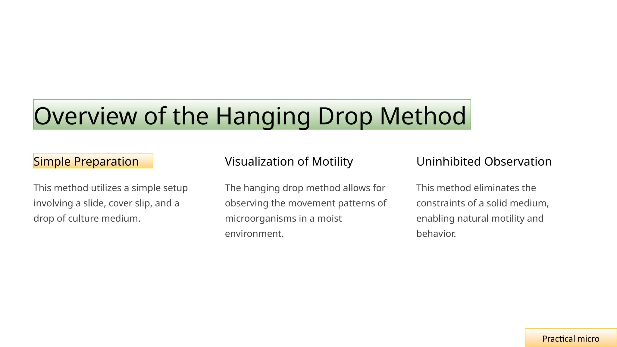 Overview of the Hanging Drop Method
Simple Preparation
This method utilizes a simple setup
involving a slide, cover slip, and a
drop of culture medium.
Visualization of Motility
The hanging drop method allows for
observing the movement patterns of
microorganisms in a moist
environment.
Uninhibited Observation
This method eliminates the
constraints of a solid medium,
enabling natural motility and
behavior.
Practical micro
 