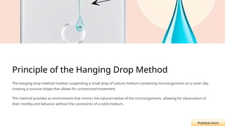 Principle of the Hanging Drop Method
The hanging drop method involves suspending a small drop of culture medium containing microorganisms on a cover slip,
creating a concave shape that allows for unrestricted movement.
This method provides an environment that mimics the natural habitat of the microorganisms, allowing for observation of
their motility and behavior without the constraints of a solid medium.
Practical micro
 