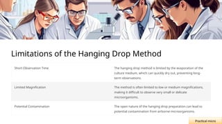Limitations of the Hanging Drop Method
Short Observation Time The hanging drop method is limited by the evaporation of the
culture medium, which can quickly dry out, preventing long-
term observations.
Limited Magnification The method is often limited to low or medium magnifications,
making it difficult to observe very small or delicate
microorganisms.
Potential Contamination The open nature of the hanging drop preparation can lead to
potential contamination from airborne microorganisms.
Practical micro
 