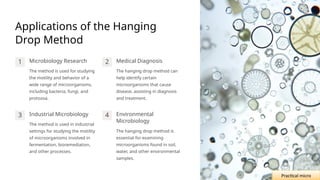 Applications of the Hanging
Drop Method
1 Microbiology Research
The method is used for studying
the motility and behavior of a
wide range of microorganisms,
including bacteria, fungi, and
protozoa.
2 Medical Diagnosis
The hanging drop method can
help identify certain
microorganisms that cause
disease, assisting in diagnosis
and treatment.
3 Industrial Microbiology
The method is used in industrial
settings for studying the motility
of microorganisms involved in
fermentation, bioremediation,
and other processes.
4 Environmental
Microbiology
The hanging drop method is
essential for examining
microorganisms found in soil,
water, and other environmental
samples.
Practical micro
 