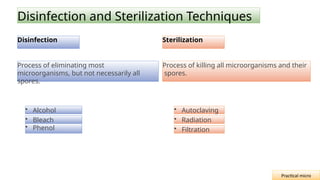 Disinfection and Sterilization Techniques
Disinfection
Process of eliminating most
microorganisms, but not necessarily all
spores.
• Alcohol
• Bleach
• Phenol
Sterilization
Process of killing all microorganisms and their
spores.
• Autoclaving
• Radiation
• Filtration
Practical micro
 