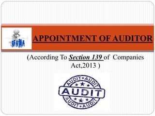 APPOINTMENT OF AUDITOR
(According To Section 139 of Companies
Act,2013 )
 