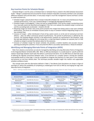 14
Key Insertion Points for Schedule Margin
Schedule Margin is not the same as Schedule Slack or Schedule Float as stated in the GAO Schedule Assessment
Guide. iv
Margin is preplanned and consumed for known schedule irreducible uncertainty and float is the calculated
difference between early and late dates. In many ways margin is much like management reserve and float is similar
to underruns/overruns.
§ Schedule margin is placed where there is known irreducible schedule risk. It is never consumed because of poor
schedule performance. In this case, Schedule Margin is managed like Management Reserve.
§ Schedule margin is not budgeted – it does not have an assigned BCWS. If the risk the margin is protecting comes
true, new tasks need to be identified and budgeted. If the risk is not realized, the schedule margin is zeroed out
and the succeeding tasks accelerated – moved to the left.
§ Allocating margin for known risks at key points prevents this margin from being used to cover poor schedule
performance. This forces an immediate recovery action to stay on schedule instead of degrading margin as if it
was schedule float.
§ Inclusion of margin – either distributed in front of key system events or at the end of contractual end item
delivery – does not affect contractual period of performance. The period of performance is defined by the
contract. The Schedule Margin activities in the deterministic schedule are represented in the Schedule, using
the task label defined as Margin for all to know this is a task that doesn’t produce an outcome, but is in the
schedule as margin to protect the delivery dates for the outcomes.
§ Inclusion of schedule margin for known schedule risk provides a realistic baseline and accurate resource
planning (including the customer). If not consumed the effort is accurately represented as “ahead of schedule”.
Identifying and Managing Alternate Points of Integration (APOI)
Risks from aleatory uncertainties can also be managed by identifying and using Alternative Points of Integration
in the Integrated Master Schedule (MS). [40] When an IMS was developed, it is usually based on specific preferred
relation‒based logic between work tasks that deliver a contractual end items. For any IMS there are alternate ways
of defining the logically connections between tasks. If one element of a complex system is driving the schedule
unacceptably based on initial logic, it may be acceptable to integrate that element at a later point in the schedule
and preserve an end item delivery date. This technique provides valuable insight into realistic and supportable
schedule confidence levels.
This concept starts with the alternatives defined in Table 5. Two Monte Carlo Simulations are shown in Figure 8
and Figure 9, where the probability of completing as needed goes from 61% to 94% by rearranging the logic with
Alternate Points of Integration.
Table 5 ‒ Defining acceptable Alternative Points of Integration for each Subsystem Provides Options for when Things Don’t Go according to
plan and increase schedule confidence intervals
Component Planned POI Alternate POI Must Have POI
Other Contingency
Factors
Structural Panels Assemble Bus Structure None Assemble Bus Structure
Ned at Least 2 of the 6
Panels
Solar Array Development
Mechanisms
Assemble Bus Structure
Payload and Solar Array
Installed
Spacecraft Mass
Properties
No Engineering Design
Units
Propulsion Tanks Assemble Bus Structure None Assemble Bus Structure
Need Prior to Last Panel
Assembly
Thrusters Assemble Bus Structure
Install External
Components
System Level Tests
No Engineering Design
Units
Tubing Assemble Bus Structure Bus Functional Tests (1) Bus Functional Tests (2)
Need Prior to Last Panel
Assembly
Avionics Assemble Bus Structure Bus Functional Test (2)
Spacecraft Mass
Properties
Can Use Engineering
Design Units
Attitude Control Systems Assemble Bus Structure Bus Functional Test (2)
Spacecraft Mass
Properties
No Engineering Design
Units
Solar Arrays
Spacecraft Mass
Properties
System Level Tests
No Engineering Design
Units
Batteries
Install Internal
Components
Spacecraft Mass
Properties
Prior to Launch
Can Use Workhorse
Batteries
iv GAO Schedule Assessment Guide, page 113. “Schedule margin is calculated by performing a schedule risk analysis and comparing the schedule date with that of the simulation
result at the desired level of uncertainty.”
 