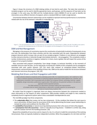 7
Figure 3 shows the structure of a DSM relating entities of one kind to each other. The tasks that constitute a
complete program can be used to identify appropriate teams, work groups, and the sequence of how tasks can be
arranged. In the same way, the DSM and the multiple-domain matrix (MDM) [7] can be used to identify risk
interactions across different domains of program, where a standard DSM can model a single domain.
Uncertainties between element relationships can be modeled to represent technical performance or uncertainties
related with the risk of the element’s reducible or irreducible risk.
Figure 3 ‒ The task dependencies of the risk dependencies and interactions are represented in a DSM in the left. The DSM can be used to
represent the interdependencies of risk drivers for the program and the propagation of risk of the tasks on the right.
DSM and Risk Management
Managing in the presence of uncertainty requires the coordination of potentially hundreds of moving parts at any
one time, the deliverables from these activities and the risks associated with the work. Dependencies between
program elements which increase risks are part of any complex program. Problems in one element can propagate
to other elements directly or indirectly through intermediate elements ‒ risk propagation. This complexity creates a
number of phenomena, positive or negative, isolated or in chains, local or global, that will impact the success of the
program if not properly handled.
Risks associated with program complexities, from design changes, to technical shortfalls, to the mismatch of
available resources with the plan, can be reduced by increasing the visibility of this complexity and its propagation
associated with each system element. [37] This starts with analyses of complexity‒related interactions,
measurement, and prioritization of the handling of these risks. DSM can be used to model the risk structure between
each element and across the program. [24], [35]
Modeling Risk Drivers and Risk Propagation with DSM
Risk is directly related to complexity of the underlying system [36]. For engineered systems, risk is defined as: [12]
Risk is a measure of future uncertainties in achieving program performance within defined cost, schedule, and
performance constraints. Risk is associated with all aspects of a program (threat, technology maturity, supplier
capability, design maturation, performance against plan). Risk addresses the potential variation in the planned
approach and its expected outcome.
The DSM method is an information exchange model of the representation
of complex task (or team) relationships to determine a sensible sequence (or grouping) for
the tasks (or teams) being modeled. [55]
No matter how the program is organized, there are always intersections between the components needed to
share information on risk impacts on other components. DSM provides visibility and insight to risks created by
complexity found in engineered systems where these unavoidable interdependencies exist.
The risk DSM paradigm has three components.
§ The undesirable effect that creates risk has two components. (1) the condition that allows the root cause to
occur and activity. (2) Root Cause for occurrence of the risk by determining the known causal relationships to
include the actions and conditions for the effect. [17]
§ A probability of occurrence or natural occurring statistical process that is the source of risk to the program.
§ A consequence from this occurrence ‒ event or naturally occurring process ‒ modeled in a similar way, along
with the residual risk from the handling processes. [16]
Beyond the probability of occurrence and its impact of a risk, it is critical to model the connectivity of the evolving
risk processes. Risks are typically modeled as independent activities. When the propagation of a risk chain and their
 