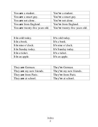 Index
2
You are a student. You’re a student.
You are a smart guy. You’re a smart guy.
You are not alone. You’re not alone.
You are from England. You’re from England.
You are twenty-five years old. You’re twenty-five years old.
It is cold today. It’s cold today.
It is a book. It’s a book.
It is nine o’clock. It’s nine o’clock.
It is Sunday today. It’s Sunday today.
It is a ticket. It’s a ticket.
It is an apple. It’s an apple.
They are German. They’re German.
They are my new friends. They’re my new friends.
They are from Paris. They’re from Paris.
They are at school. They’re at school.
 