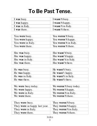 .
Index
3
To Be Past Tense.
I was busy. I wasn’t busy.
I was happy. I wasn’t happy.
I was in Italy. I wasn’t in Italy.
I was there. I wasn’t there.
You were busy. You weren’t busy.
You were happy. You weren’t happy.
You were in Italy. You weren’t in Italy.
You were there. You weren’t there.
She was busy. She wasn’t busy.
She was happy. She wasn’t happy.
She was in Italy. She wasn’t in Italy.
She was there. She wasn’t there.
He was busy. He wasn’t busy.
He was happy. He wasn’t happy.
He was in Italy. He wasn’t in Italy.
He was there. He wasn’t there.
We were busy today. We weren’t busy today.
We were happy. We weren’t happy.
We were in Italy. We weren’t in Italy.
We were there. We weren’t there.
They were busy. They weren’t busy.
They were so happy last year. They weren’t happy.
They were in Italy. They weren’t in Italy.
They were there. They weren’t there.
 