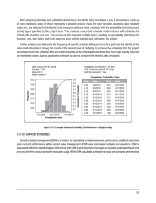 85
After assigning estimates and probability distributions, the Monte Carlo simulation is run. A simulation is made up
of many iterations, each of which represents a possible project result. For each iteration, durations (also resultant
costs, etc.) are selected by the Monte Carlo simulation software to be consistent with the probability distributions and
activity types specified by the project team. This produces a recorded schedule model instance with attributes for
critical path, duration, and cost. This process is then repeated multiple times, resulting in a probability distribution for
duration, cost, start dates, and finish dates for each activity selected and, ultimately, the project.
Further analysis can determine the frequency of specific activities falling on the critical path and the identity of the
risks most influential in driving the results at the desired level of certainty. To increase the probability that the project
will complete on time, activities that are most frequently on the critical path and those that have high-priority risks can
be monitored closely. Special application software is used to complete the Monte Carlo simulation.
Date: 5/30/2019 5:41:32 AM
Samples: 1,000
Unique ID: 0
Name:Activity #1
Completion Std Deviation: 1.19 days
95% Confidence Interval: 0.07 days
Each bar represents 1 day
0.05
0.10
0.15
0.20
0.25
0.30
0.35
0.40
0.45
0.50
6/9/2019
6/9/2019
6/9/2019
6/10/2019
6/10/2019
6/10/2019
6/10/2019
6/10/2019
6/11/2019
6/11/2019
0.55
0.60
0.65
0.70
0.75
0.80
0.85
0.90
0.95
1.00
6/11/2019
6/11/2019
6/11/2019
6/11/2019
6/14/2019
6/14/2019
6/14/2019
6/14/2019
6/15/2019
6/16/2019
Prob Date
Completion Probability Table
Prob Date
1.0
0.9
0.8
0.7
0.6
0.5
0.4
0.3
0.2
0.1
0.35
0.30
0.25
0.20
0.15
0.10
0.05
6/7/2019 6/11/2019 6/16/2019
Cumulative
Probability
Completion Date
Frequency
Figure 3-15. Example Duration Probability Distribution for a Single Activity
3.4.12 EARNED SCHEDULE
Earnedschedulemanagement(ESM)isamethodforcalculatingschedulevariances,performance,andlikelyoutcomes
given current performance. While earned value management (EVM) uses cost-based analysis and equations, ESM is
associated with time-based analysis.ESM works with EVM to give the project manager an accurate understanding of time
and cost on their project during the execution stage.While EVM calculates schedule variance and schedule performance
 