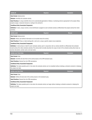 102 Section 4
Activity ID Required Calculated
Data Format: Alphanumeric
Behavior: Identifies the schedule activity.
Good Practices: A unique identifier that can be automatically generated or follows a numbering scheme appropriate for the project. Many
projects assign a reasoned structure or coding to the activity ID.
Conditional Note/Associated Component:
Definition: A short, unique numeric or text identification assigned to each schedule activity to differentiate that project activity from other
activities.
Activity Label Required Manual
Data Format: Alphanumeric
Behavior: Allows user-defined information to be recorded about the activity.
Good Practices: Phrase or label starting with a verb and a unique, specific subject (noun/adjective).
Conditional Note/Associated Component:
Definition: A short phrase or label for each schedule activity used in conjunction with an activity identifier to differentiate that schedule
model activity from other schedule activities. The activity label normally describes the scope of work of the schedule activity. Also known as
activity description, activity name, and task name.
Activity Late Finish Date Required Calculated
Data Format: Date
Behavior: Identifies the late finish of the activity based on the CPM backward pass.
Good Practices: Derived from the CPM calculations.
Conditional Note/Associated Component:
Definition: The latest possible point in time when the schedule activity can be completed without violating a schedule constraint or delaying
the project end date.
Activity Late Start Date Required Calculated
Data Format: Date
Behavior: Defines the late start of the activity, based on the backward pass.
Good Practices: Derived from the CPM calculations.
Conditional Note/Associated Component:
Definition: The latest possible point in time when the schedule activity can begin without violating a schedule constraint or delaying the
project end date.
 