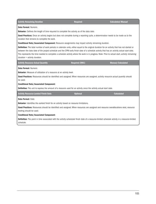 105
Activity Remaining Duration Required Calculated/Manual
Data Format: Numeric
Behavior: Defines the length of time required to complete the activity as of the data date.
Good Practices: Once an activity begins but does not complete during a reporting cycle, a determination needs to be made as to the
duration that remains to complete the work.
Conditional Note/Associated Component: Resource assignments may impact activity remaining duration.
Definition: The total number of work periods in calendar units, either equal to the original duration for an activity that has not started or
between the data date of the project schedule and the CPM early finish date of a schedule activity that has an activity actual start date.
This represents the time needed to complete a schedule activity where the work is in progress. Note: Prior to actual start, activity remaining
duration = activity duration.
Activity Resource Actual Quantity Required (RRC) Manual/Calculated
Data Format: Numeric
Behavior: Measure of utilization of a resource at an activity level.
Good Practices: Resources should be identified and assigned. When resources are assigned, activity resource actual quantity should
be used.
Conditional Note/Associated Component:
Definition: The unit to express the amount of a resource used for an activity since the activity actual start date.
Activity Resource-Leveled Finish Date Optional Calculated
Data Format: Date
Behavior: Identifies the earliest finish for an activity based on resource limitations.
Good Practices: Resources should be identified and assigned. When resources are assigned and resource overallocations exist, resource
leveling should be used.
Conditional Note/Associated Component:
Definition: The point in time associated with the activity scheduled finish date of a resource-limited schedule activity in a resource-limited
schedule.
 
