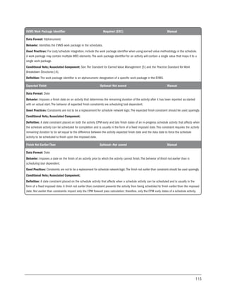 115
EVMS Work Package Identifier Required (ERC) Manual
Data Format: Alphanumeric
Behavior: Identifies the EVMS work package in the schedules.
Good Practices: For cost/schedule integration, include the work package identifier when using earned value methodology in the schedule.
A work package may contain multiple WBS elements. The work package identifier for an activity will contain a single value that maps it to a
single work package.
Conditional Note/Associated Component: See The Standard for Earned Value Management [5] and the Practice Standard for Work
Breakdown Structures [4].
Definition: The work package identifier is an alphanumeric designation of a specific work package in the EVMS.
Expected Finish Optional–Not scored Manual
Data Format: Date
Behavior: Imposes a finish date on an activity that determines the remaining duration of the activity after it has been reported as started
with an actual start. The behavior of expected finish constraints are scheduling tool dependent.
Good Practices: Constraints are not to be a replacement for schedule network logic. The expected finish constraint should be used sparingly.
Conditional Note/Associated Component:
Definition: A date constraint placed on both the activity CPM early and late finish dates of an in-progress schedule activity that affects when
the schedule activity can be scheduled for completion and is usually in the form of a fixed imposed date. This constraint requires the activity
remaining duration to be set equal to the difference between the activity expected finish date and the data date to force the schedule
activity to be scheduled to finish upon the imposed date.
Finish Not Earlier Than Optional—Not scored Manual
Data Format: Date
Behavior: Imposes a date on the finish of an activity prior to which the activity cannot finish. The behavior of finish not earlier than is
scheduling tool dependent.
Good Practices: Constraints are not to be a replacement for schedule network logic.The finish not earlier than constraint should be used sparingly.
Conditional Note/Associated Component:
Definition: A date constraint placed on the schedule activity that affects when a schedule activity can be scheduled and is usually in the
form of a fixed imposed date.A finish not earlier than constraint prevents the activity from being scheduled to finish earlier than the imposed
date. Not earlier than constraints impact only the CPM forward pass calculation; therefore, only the CPM early dates of a schedule activity.
 
