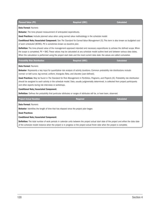 120 Section 4
Planned Value (PV) Required (ERC) Calculated
Data Format: Numeric
Behavior: The time-phased measurement of anticipated expenditures.
Good Practices: Include planned value when using earned value methodology in the schedule model.
Conditional Note/Associated Component: See The Standard for Earned Value Management [5]. This term is also known as budgeted cost
of work scheduled (BCWS). PV is sometimes known as baseline plan.
Definition: The time-phased value of the management-approved intended and necessary expenditures to achieve the defined scope. When
the scope is completed, PV = BAC. These values may be calculated at any schedule model outline level and between various data dates.
When the calculation is performed using the project start date and the most current data date, the values are called cumulative.
Probability Risk Distribution Required (KRC) Calculated
Data Format: Numeric
Behavior: Represents a key input for quantitative risk analysis of activity durations. Common probability risk distributions include:
normal—or bell curve, log normal, uniform, triangular, Beta, and discrete (user-defined).
Good Practices: May be found in The Standard for Risk Management in Portfolios, Programs, and Projects [6]. Probability risk distribution
should be assigned to each activity in the schedule model. Data, usually judgmentally determined, is collected from project participants
and other experts during risk interviews or workshops.
Conditional Note/Associated Component:
Definition: Defines the probability that particular attributes or ranges of attributes will be, or have been, observed.
Project Actual Duration Required Calculated
Data Format: Numeric
Behavior: Identifies the length of time that has elapsed since the project plan began.
Good Practices:
Conditional Note/Associated Component:
Definition: The total number of work periods in calendar units between the project actual start date of the project and either the data date
of the schedule model instance when the project is in progress or the project actual finish date when the project is complete.
 