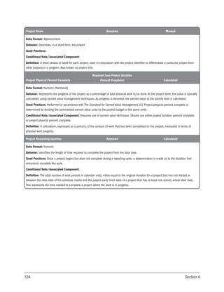 124 Section 4
Project Name Required Manual
Data Format: Alphanumeric
Behavior: Describes, in a short form, the project.
Good Practices:
Conditional Note/Associated Component:
Definition: A short phrase or label for each project, used in conjunction with the project identifier to differentiate a particular project from
other projects in a program. Also known as project title.
Project Physical Percent Complete
Required (see Project Duration
Percent Complete) Calculated
Data Format: Numeric (fractional)
Behavior: Represents the progress of the project as a percentage of total physical work to be done. At the project level, this value is typically
calculated, using earned value management techniques. As progress is recorded, the earned value at the activity level is calculated.
Good Practices: Performed in accordance with The Standard for Earned Value Management [5]. Project physical percent complete is
determined by dividing the summarized earned value units by the project budget in the same units.
Conditional Note/Associated Component: Requires use of earned value technique. Should use either project duration percent complete
or project physical percent complete.
Definition: A calculation, expressed as a percent, of the amount of work that has been completed on the project, measured in terms of
physical work progress.
Project Remaining Duration Required Calculated
Data Format: Numeric
Behavior: Identifies the length of time required to complete the project from the data date.
Good Practices: Once a project begins but does not complete during a reporting cycle, a determination is made as to the duration that
remains to complete the work.
Conditional Note/Associated Component:
Definition: The total number of work periods in calendar units, either equal to the original duration for a project that has not started or
between the data date of the schedule model and the project early finish date of a project that has at least one activity actual start date.
This represents the time needed to complete a project where the work is in progress.
 